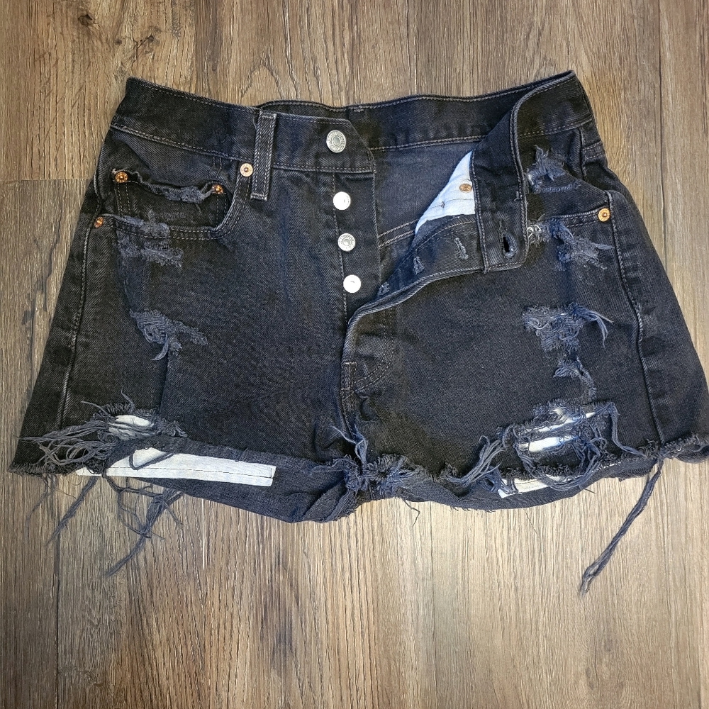 Vintage Levis 501 Button Fly Black Denim Distressed Cut Off Shorts - Picture 2 of 12